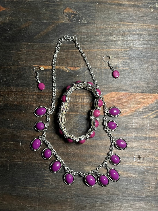Jewelry - Purple Stone Drop Necklace & Bracelet Set - Women's Fashion Jewelry
